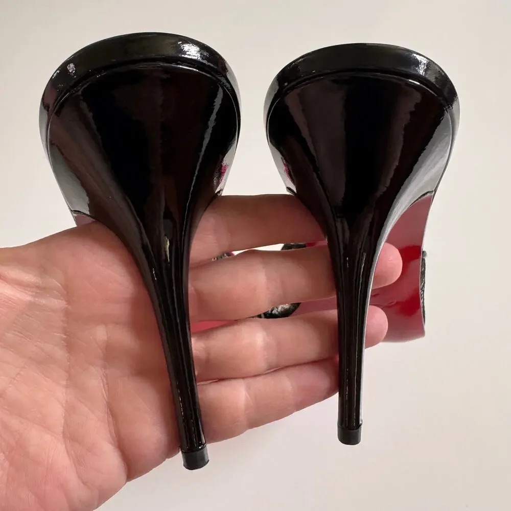 Christian Louboutin Black Lace Pink Accent Bow Peep Toe Mule Slide Size 39 US 9